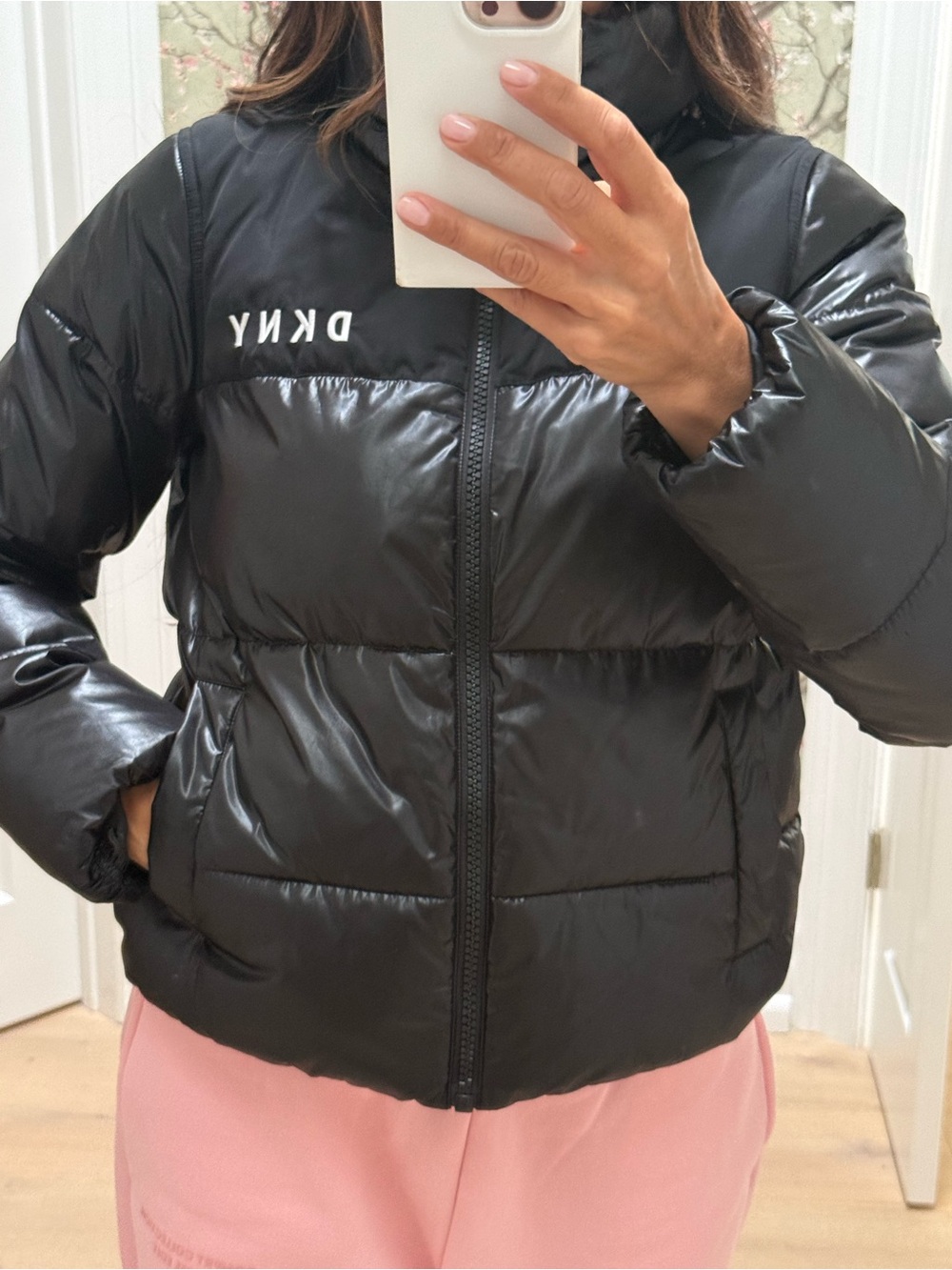 DKNY Shiny Black Puffer Jacket with Logo